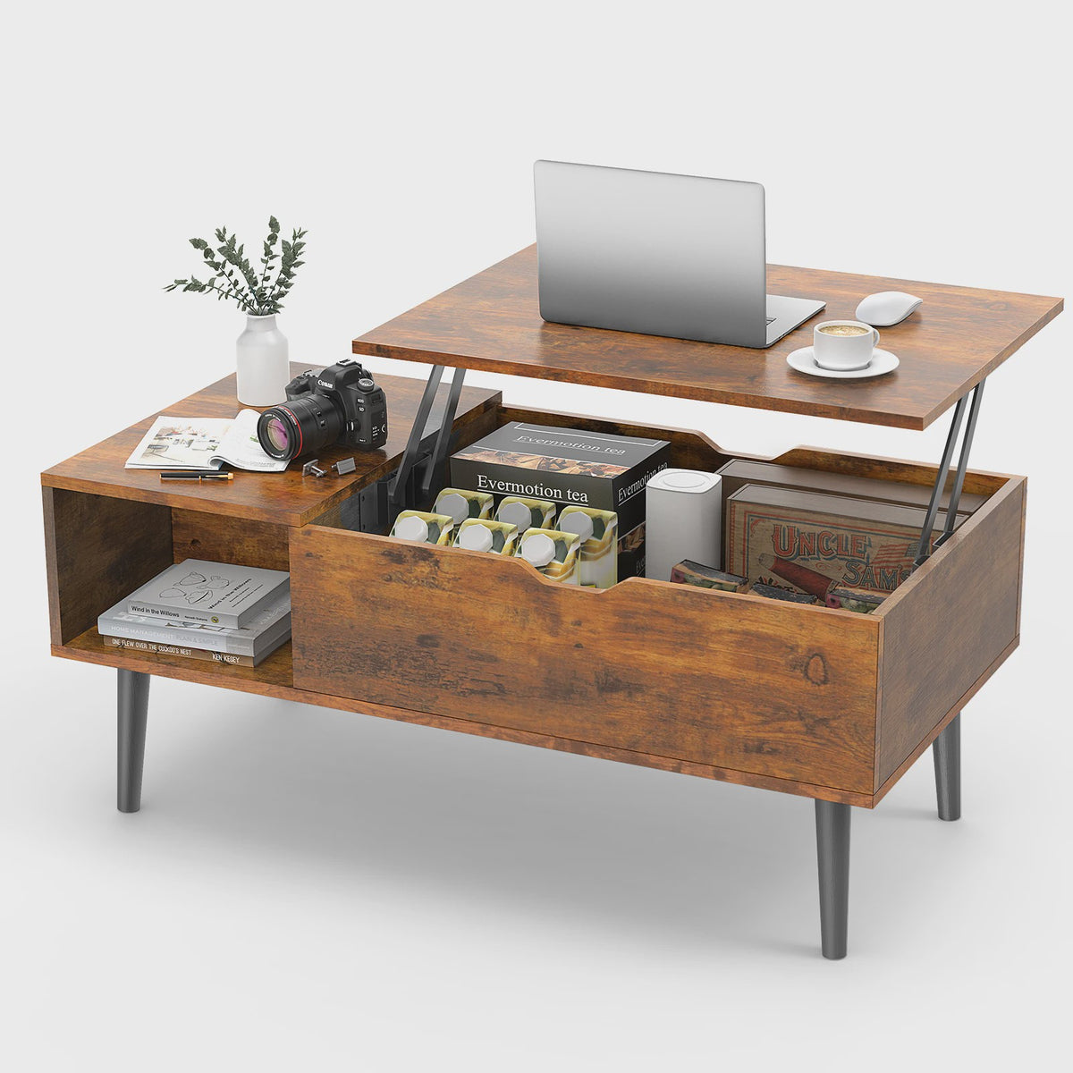 Verstelbare Lift Top Salontafel met Ruime Opbergruimte - 100x50 cm