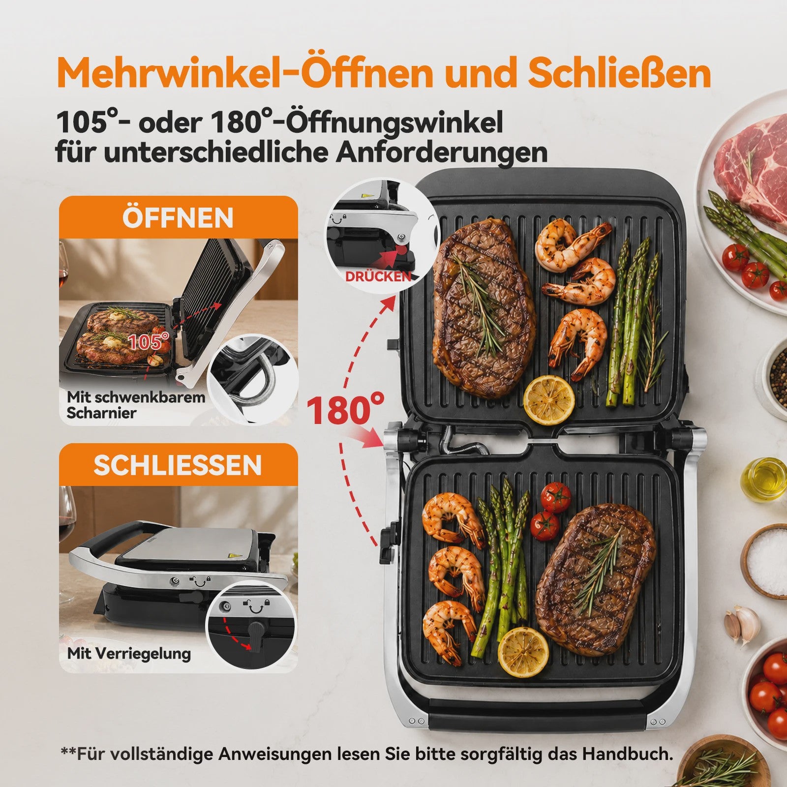 SLG5029 Elektrische Contact Grill 2000W - Digitaal, met Vleesthermometer, Panini Press & 180° Open Functie
