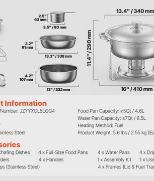 Set van 4 RVS Bain Maries (Chafing Dishes) - 5 Qt Capaciteit - Buffet Warmer
