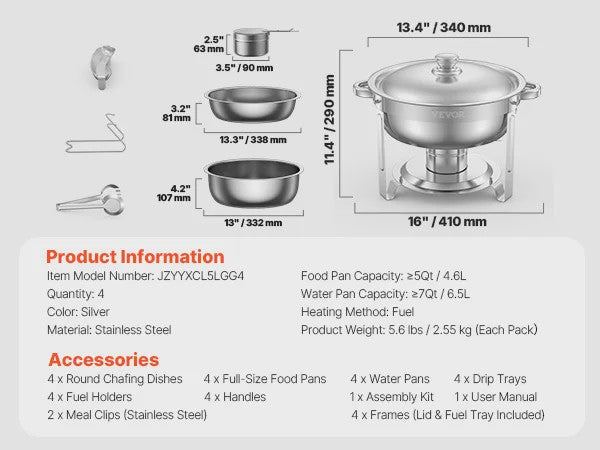 Set van 4 RVS Bain Maries (Chafing Dishes) - 5 Qt Capaciteit - Buffet Warmer