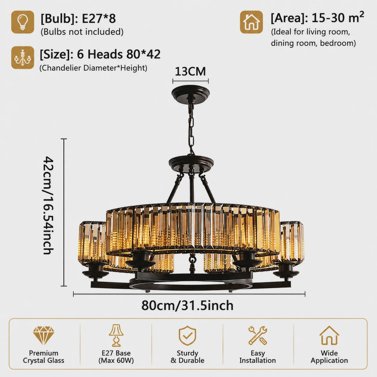 Luxe Vintage Kristallen Kroonluchter Rond - 30 inch, 8 Lampen - IJzeren Frame Hanglamp