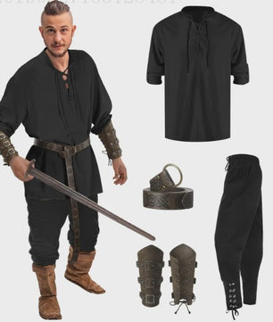 Herencostuum Middeleeuwse Piraat/Viking - Renaissance Set met Shirt, Broek, Riem & Armboeien