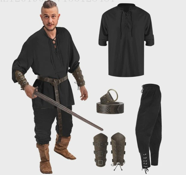 Herencostuum Middeleeuwse Piraat/Viking - Renaissance Set met Shirt, Broek, Riem & Armboeien