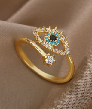 Luxe Gouden Ringen Set: Zirkonia & Boze Oog Design - Verstelbaar & Trendy