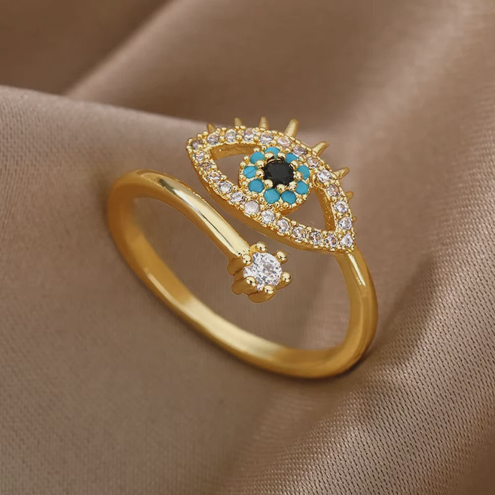 Luxe Gouden Ringen Set: Zirkonia & Boze Oog Design - Verstelbaar & Trendy