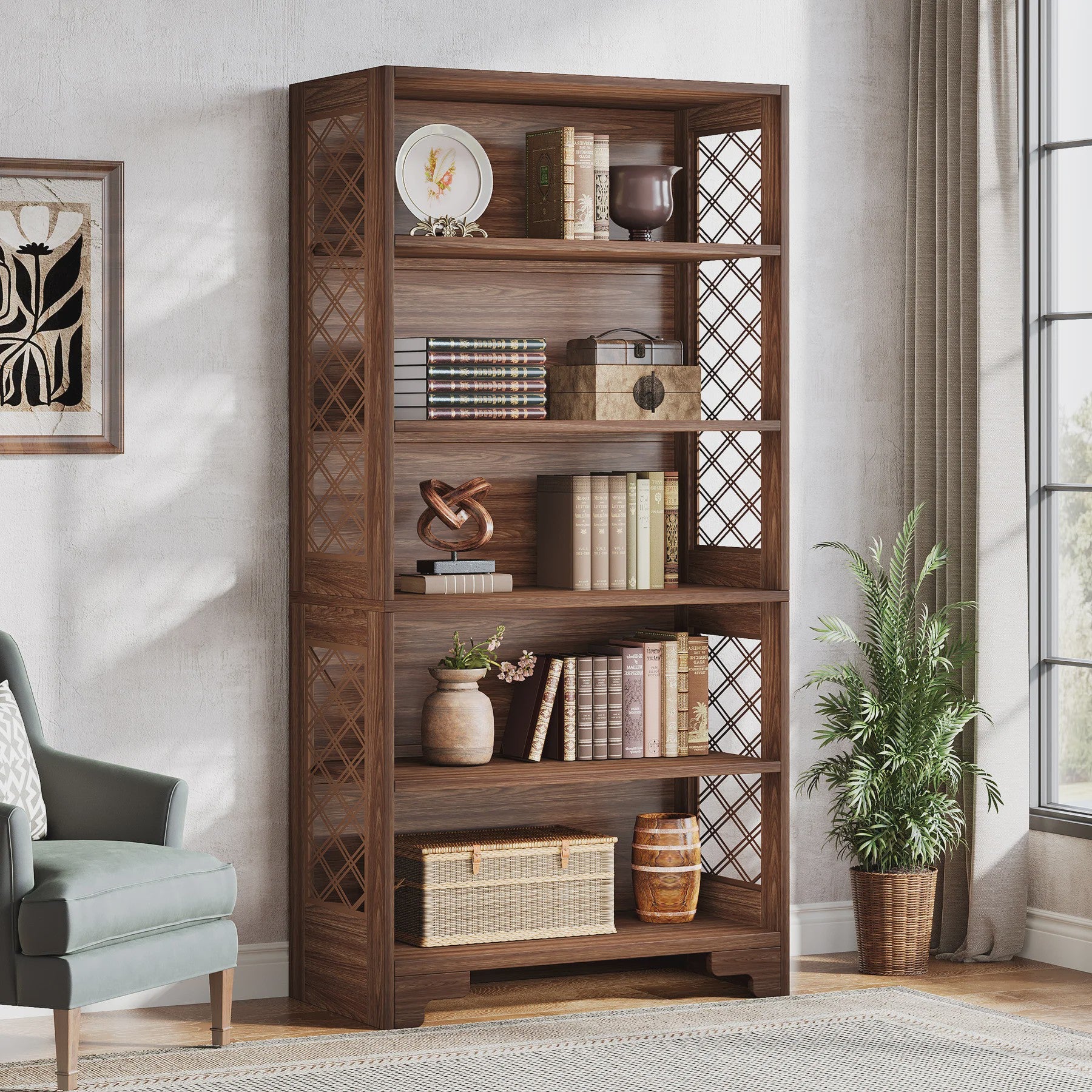 Industriële 6-Tier Boekenkast - 180 cm Hoge Open Opbergkast met 5 Planken