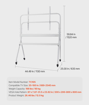 Mobiele TV Standaard met Wielen - Verrijdbaar TV Meubel voor Diverse TV Maten