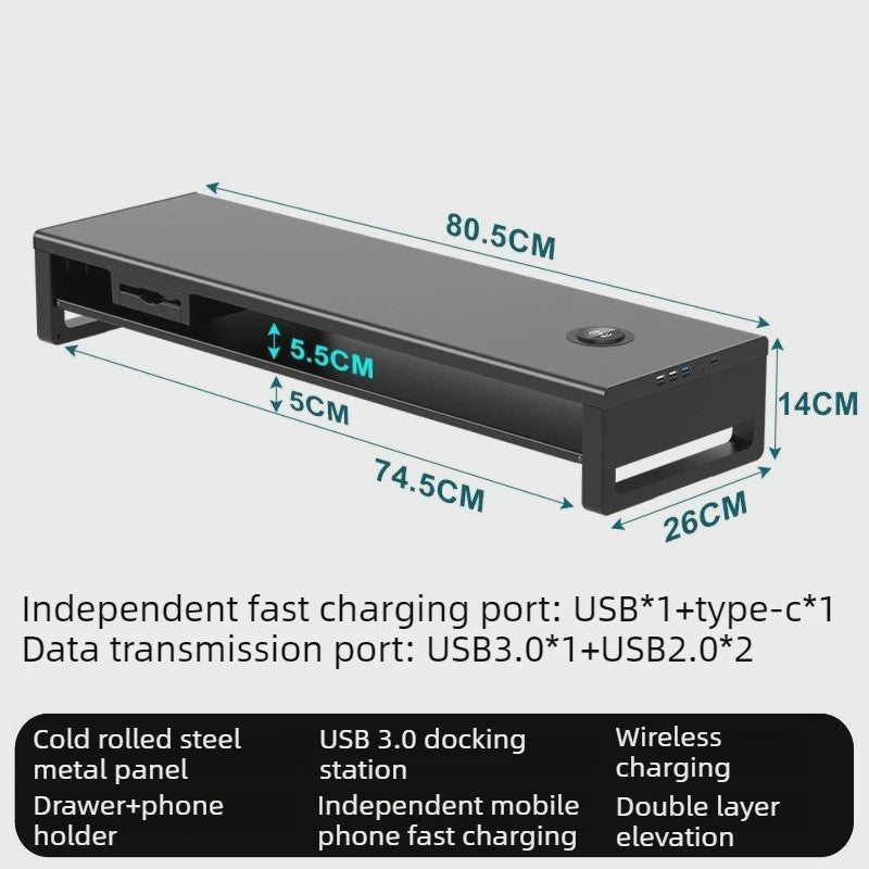 Monitor Riser Stand met USB Docking Station & Draadloze Oplader - Bureau Organizer