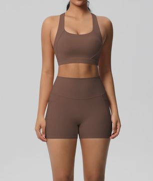 Dames Yoga Set: Sportieve Kleding met Hoge Taille Shorts en Sportbeha met Zakken