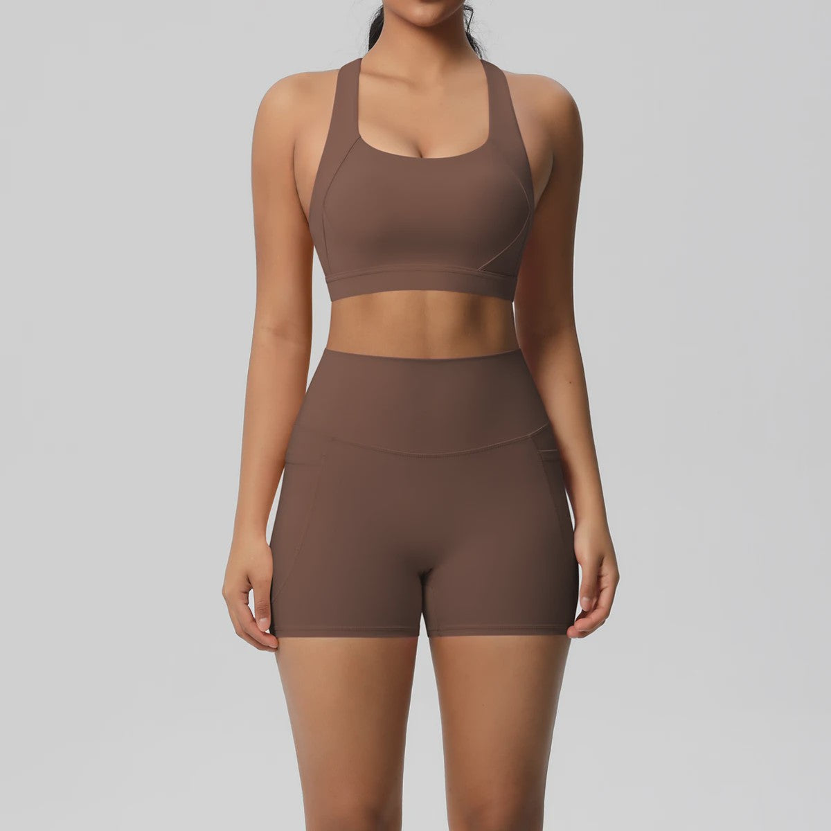 Dames Yoga Set: Sportieve Kleding met Hoge Taille Shorts en Sportbeha met Zakken