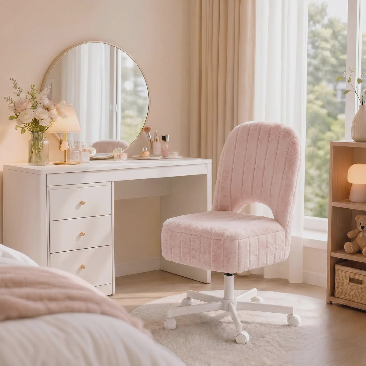 Comfortabele Make-up Stoel met Opbergruimte, Verstelbaar & Opvouwbaar - Wit
