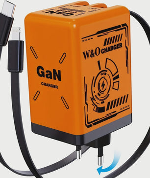 W&O GaN Snellader met 80cm Intrekbare Kabel: Dubbele Poort voor Lightning & Type-C