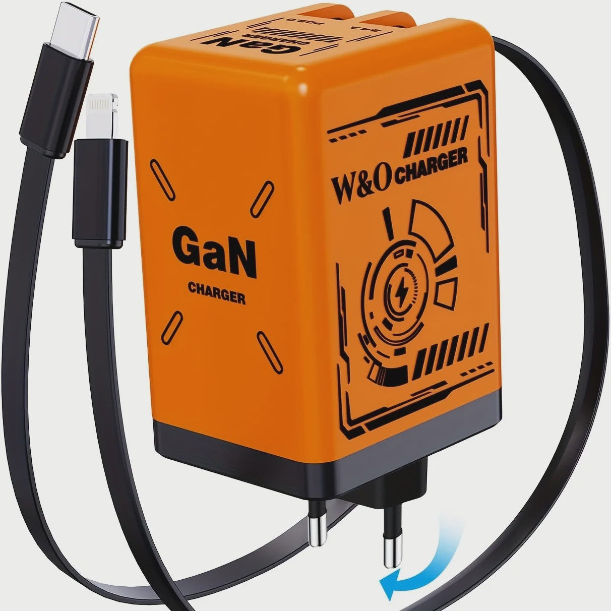 W&O GaN Snellader met 80cm Intrekbare Kabel: Dubbele Poort voor Lightning & Type-C