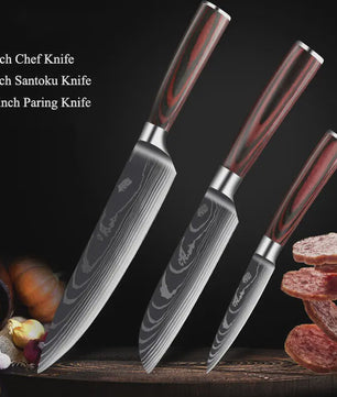 3-delige Keukenmes Set - Damascus Patroon - Hoog Koolstof RVS