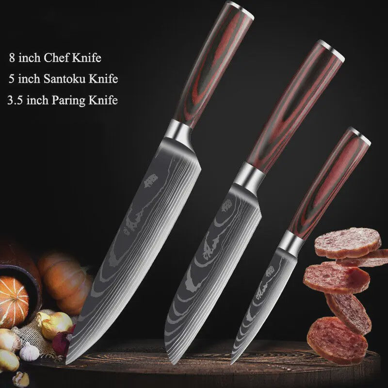 3-delige Keukenmes Set - Damascus Patroon - Hoog Koolstof RVS
