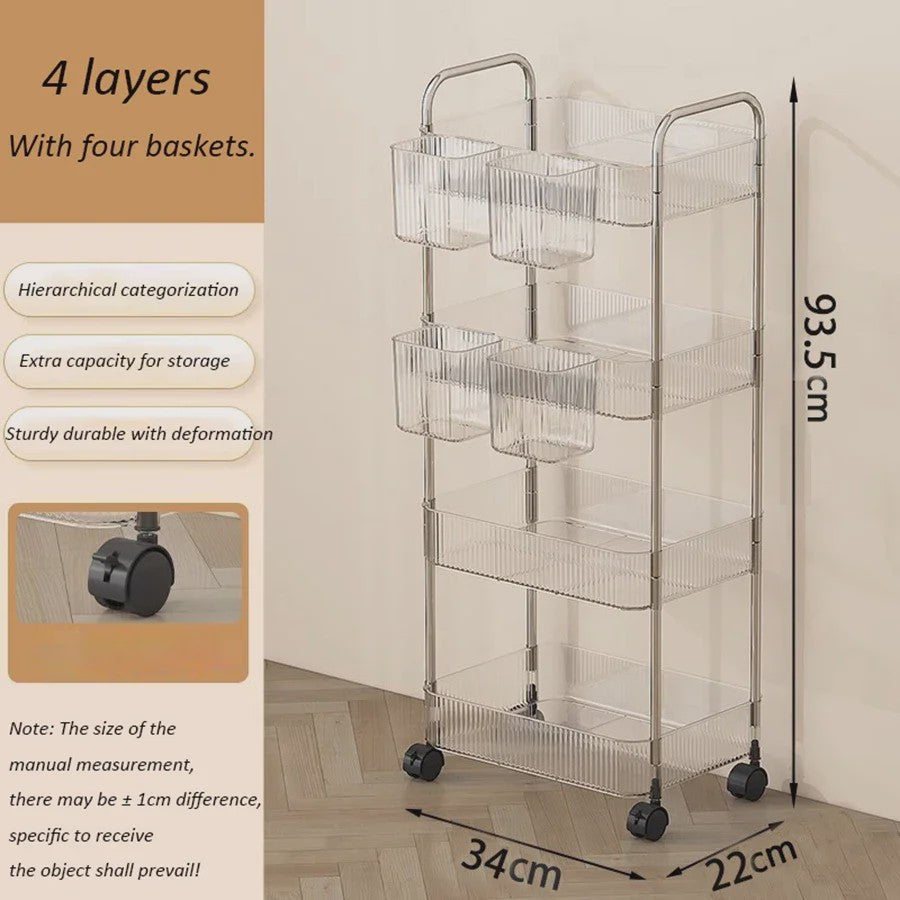 Luxe Transparante Acryl Rolkar met 2, 3 of 4 Lagen - Verrijdbare Opbergwagen