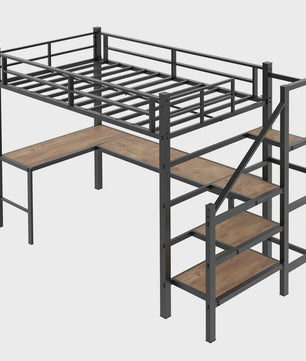 Ruimtebesparend 90x190cm Hoogslaper met L-vormig Bureau, Trap, Opslag & Veiligheidshek