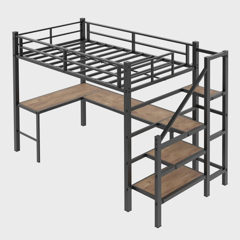 Ruimtebesparend 90x190cm Hoogslaper met L-vormig Bureau, Trap, Opslag & Veiligheidshek