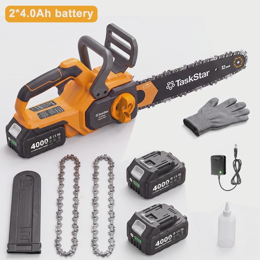 TaskStar 12-Inch Accu Kettingzaag - Krachtig, Borstelloos & Automatische Olie - Incl. 2x 4000mAh Batterijen