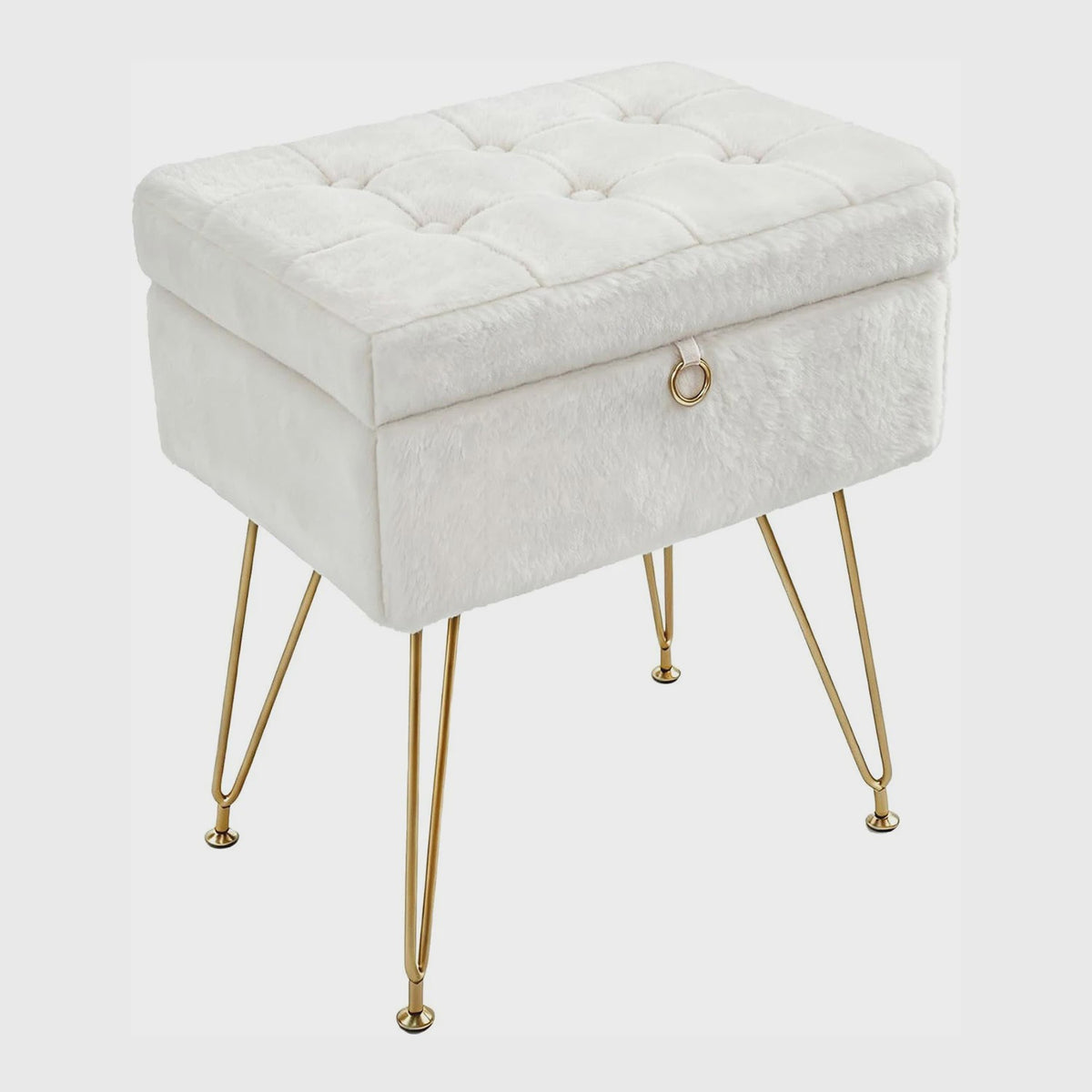 Luxe Fauteuil Poef met Opbergruimte & Pluche Zitting - Goudkleurige Poten