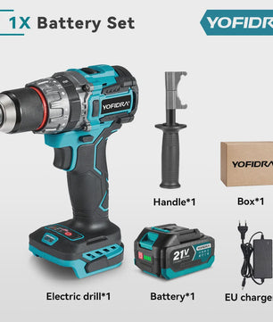 YOFIDRA Accuboormachine 18V-21V Brushless Motor, 13mm Boorhouder, 20+3 Koppelinstellingen, Boor/Schroef/Slagfunctie