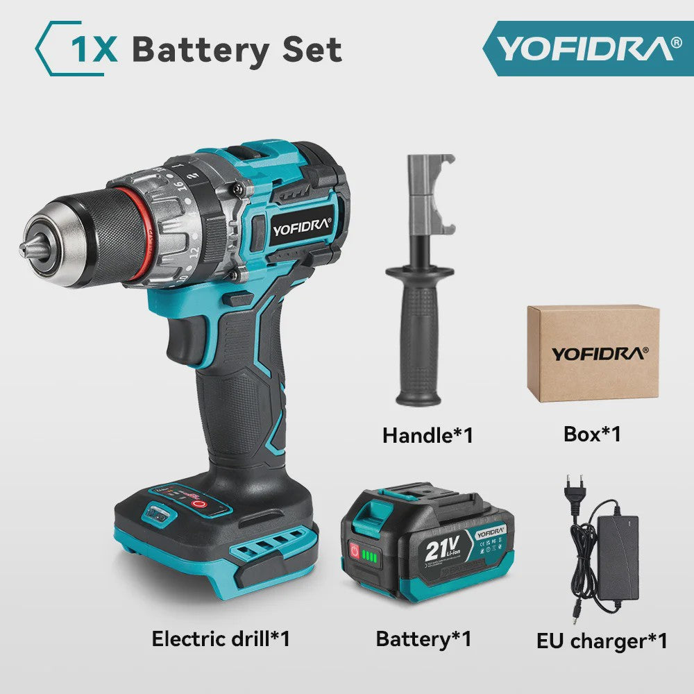 YOFIDRA Accuboormachine 18V-21V Brushless Motor, 13mm Boorhouder, 20+3 Koppelinstellingen, Boor/Schroef/Slagfunctie