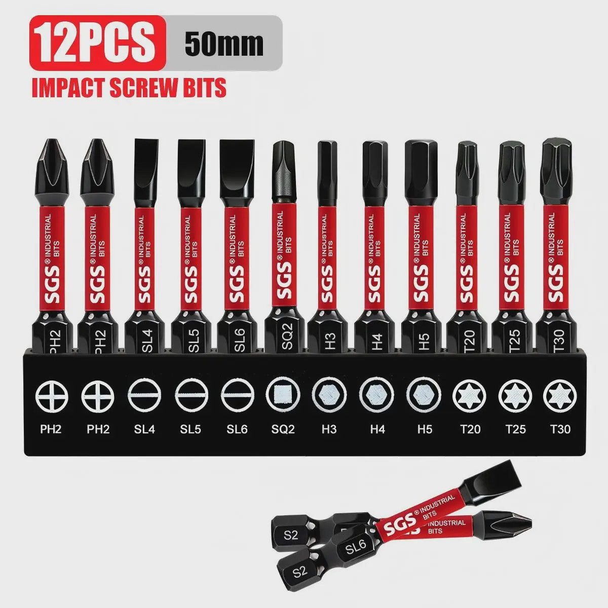 50mm Magnetische Schroefbit Set (10-delig) - S2 Staal - 1/4" Hex Shank