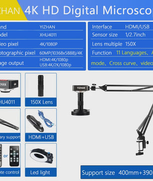 YIZHAN 60MP 4K Digitale Microscoop met HDMI/USB, 150x Zoom en Verstelbare Arm