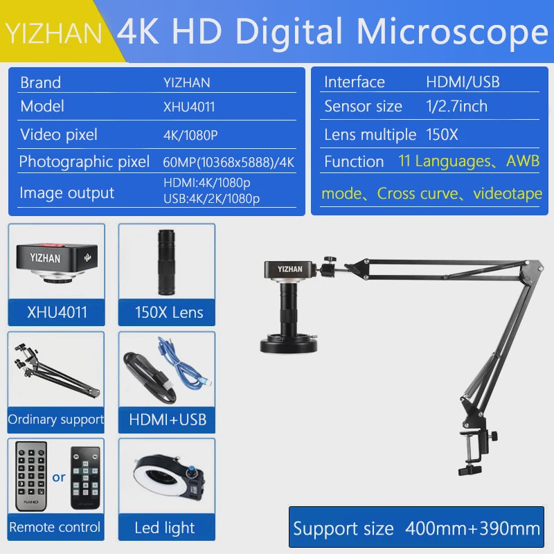 YIZHAN 60MP 4K Digitale Microscoop met HDMI/USB, 150x Zoom en Verstelbare Arm