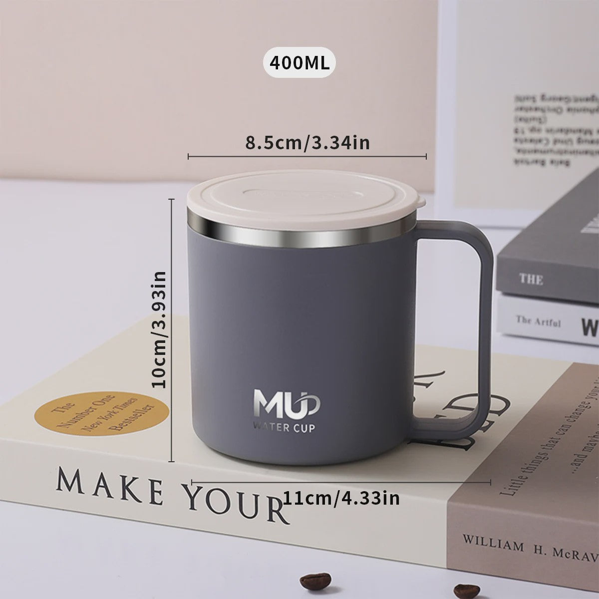 Geïsoleerde Koffiemok met Deksel - 400ML Dubbelwandig RVS Drinkbeker
