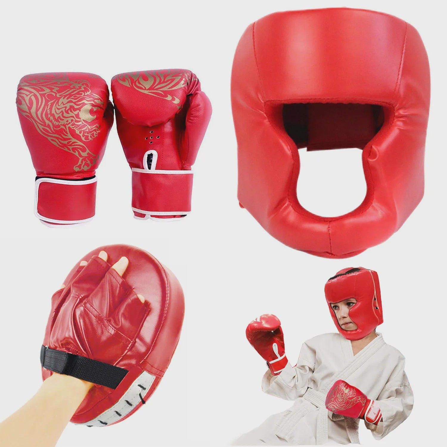 Professionele Bokshandschoenen & Helm Set voor Kinderen en Volwassenen - PU Leer