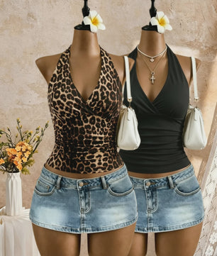 2-Pack Dames Crop Top met Halternek, Diepe V-hals en Ruches - Zomer Y2K Stijl