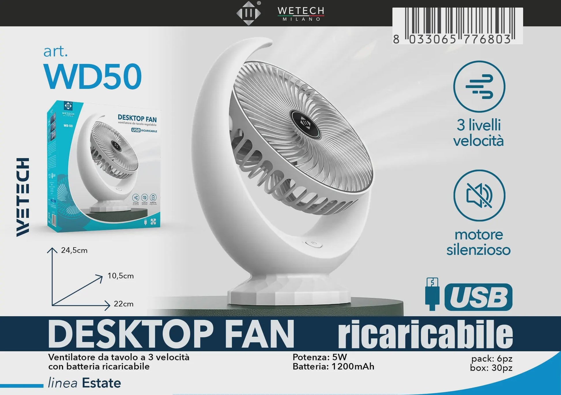 Draagbare USB Bureauventilator WD50 - Stil, Oplaadbaar met 3 Snelheden en 1200mAh Batterij