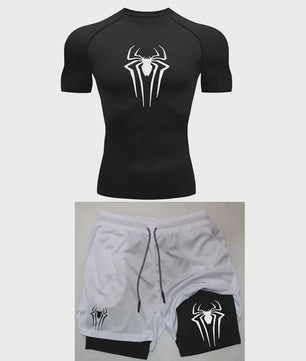 Heren Sport Set: Compressie T-shirt & Short met Spider Print
