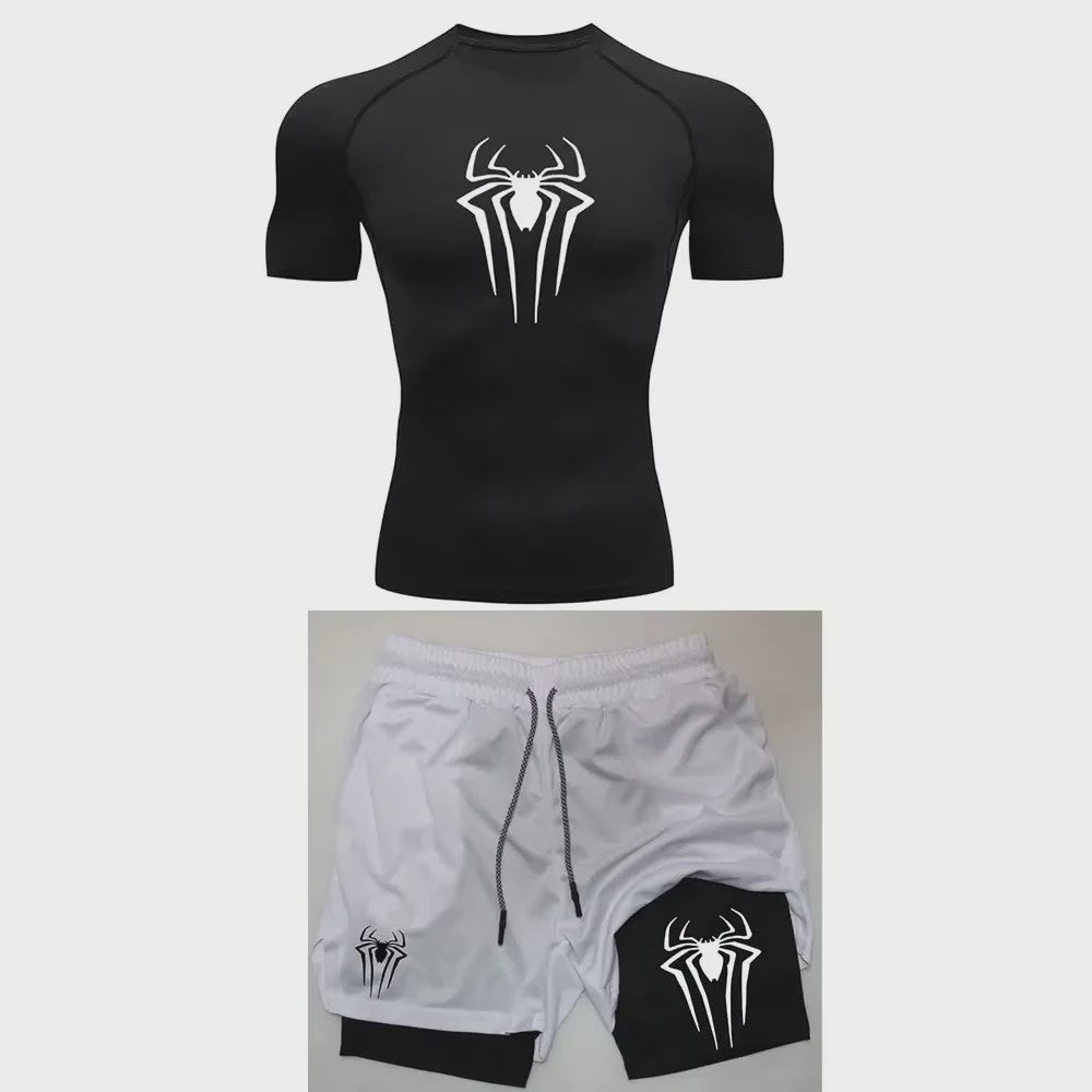 Heren Sport Set: Compressie T-shirt & Short met Spider Print