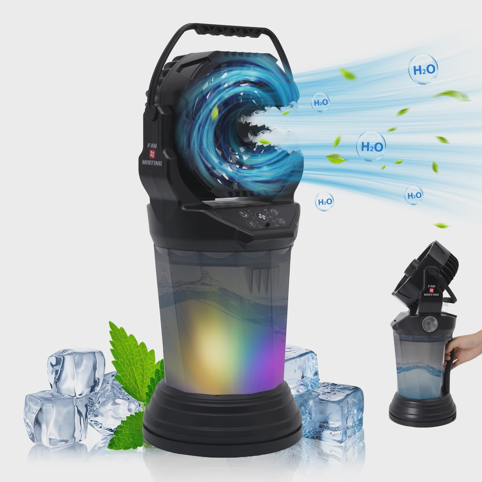 Draagbare Camping Ventilator met Vernevelaar, 2000ml Tank, 15000mAh Batterij & RGB LED Verlichting