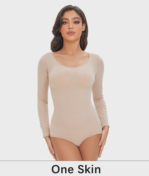 POKARLA Spandex Elastic Body Suit Shapewear Women Body Shaper Tummy Control Long Sleeve Open Crotch Round Neck Seamless Shapers