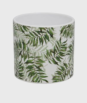 Decoratieve Keramische Bloempot met Groene Bladeren Print - 13x12cm Cilindrisch - Modern & Veelzijdig