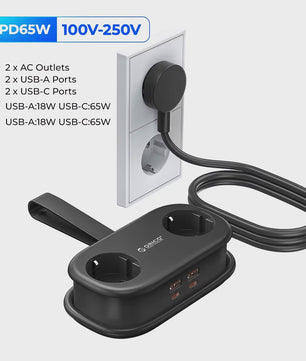 ORICO GaN 65W Power Strip: 2x AC, 2x USB-A, 1x USB-C - Snel Laden voor Thuis & Reizen
