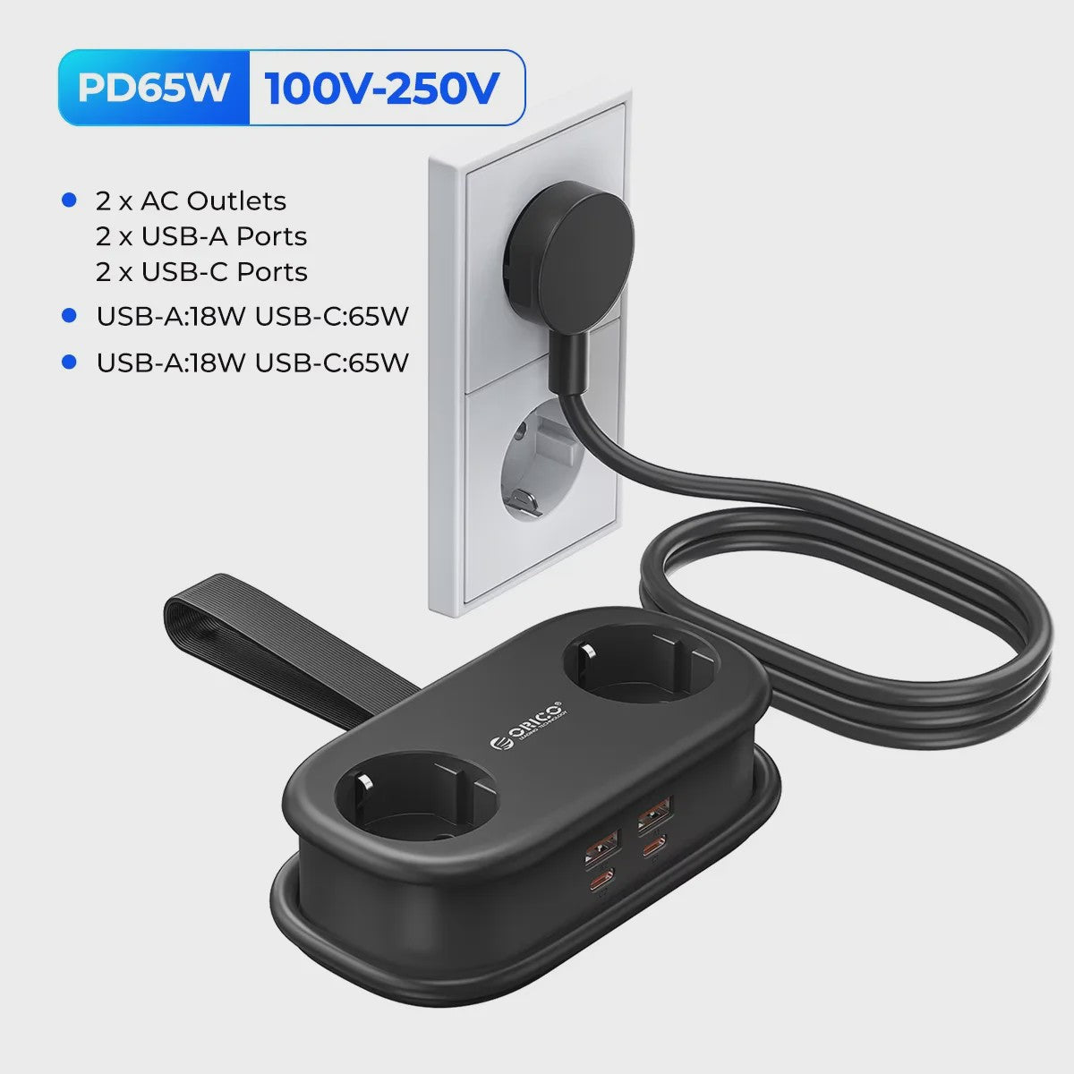 ORICO GaN 65W Power Strip: 2x AC, 2x USB-A, 1x USB-C - Snel Laden voor Thuis & Reizen