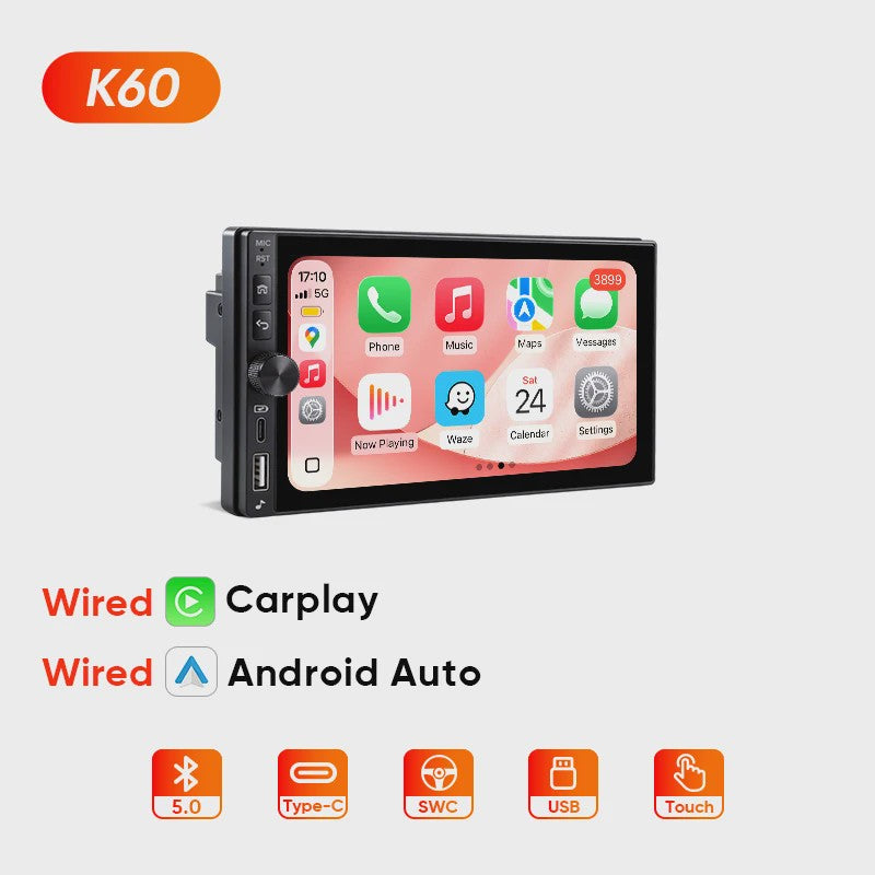 AINAVI K60 7-Inch Universele Autoradio met Draadloze CarPlay & Android Auto, Bluetooth, USB-C