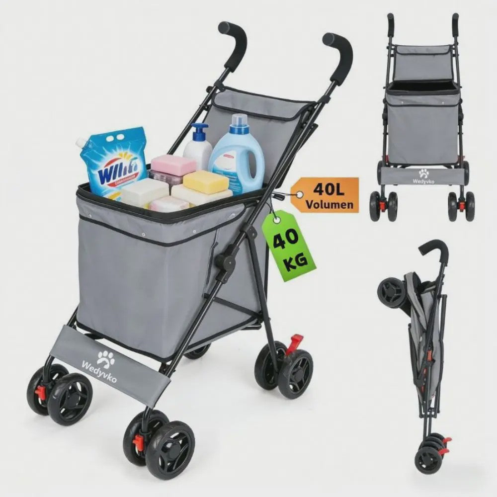 40L Opvouwbare Boodschappentrolley met Opbergtas en 4 Wielen