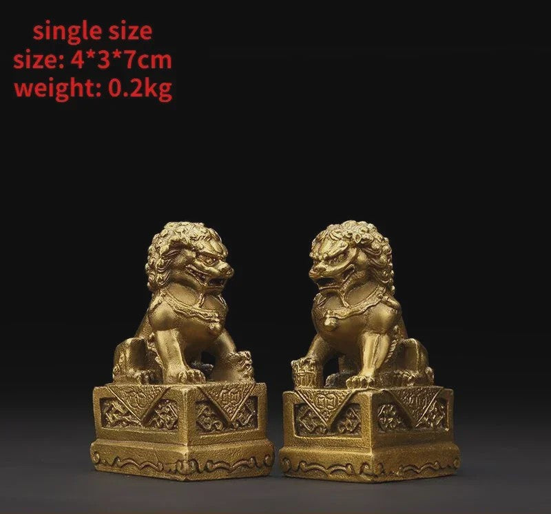 Set van 2 Koperen Feng Shui Leeuw Beeldjes - Symbool van Bescherming en Welvaart