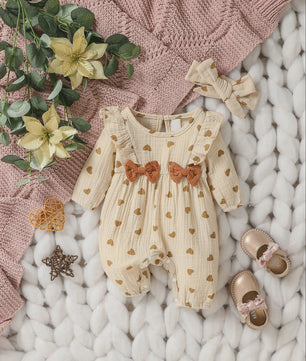 Schattige Baby Meisjes Jumpsuit met Hartjesprint en Strikje - Katoen, Lange Mouwen