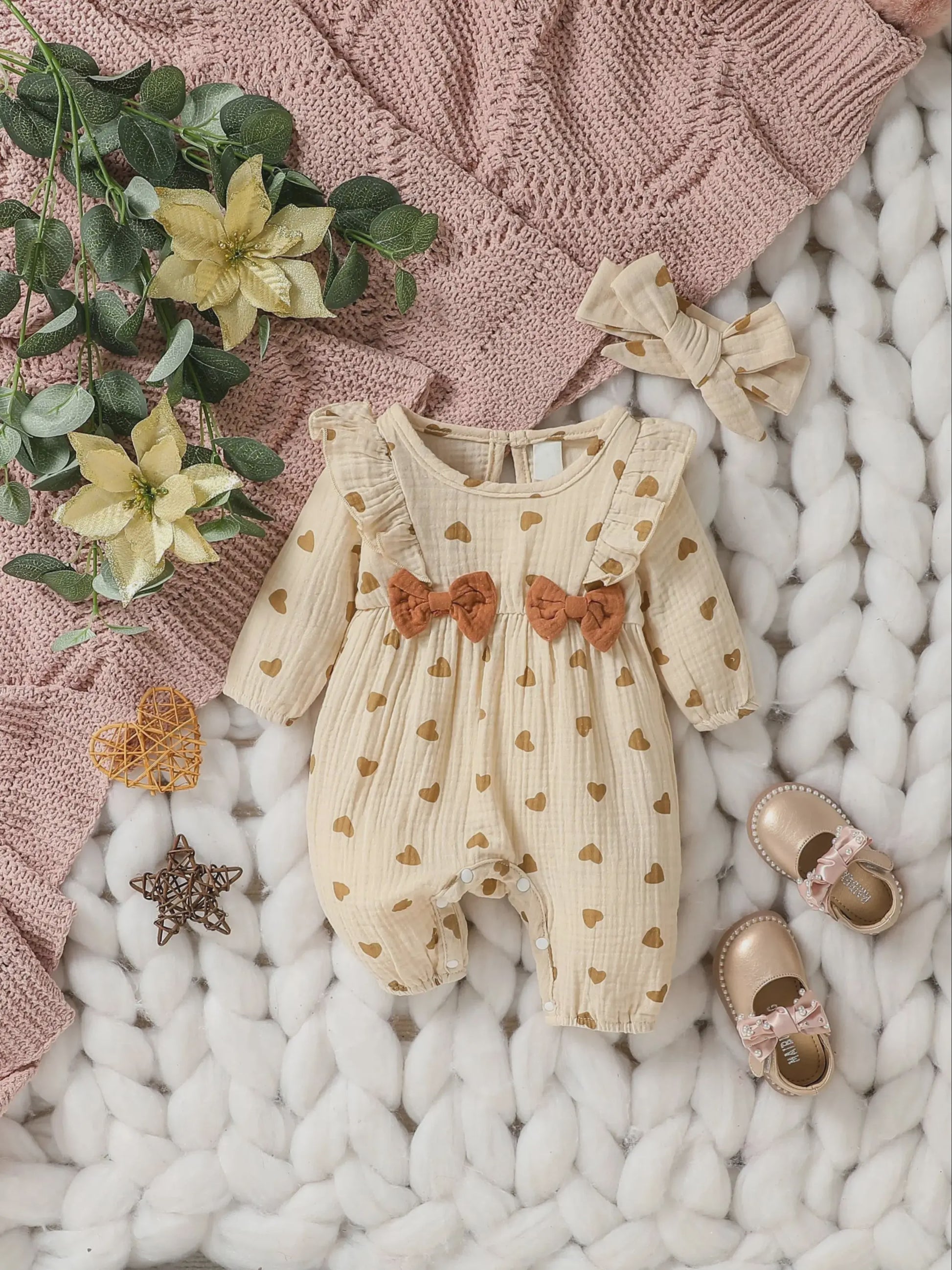 Schattige Baby Meisjes Jumpsuit met Hartjesprint en Strikje - Katoen, Lange Mouwen