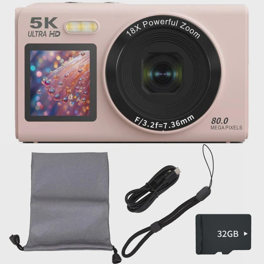 Ourlife Digitale Camera 5K 80MP met 18x Zoom, WIFI & Dual IPS Scherm - Vintage Vlog Camera