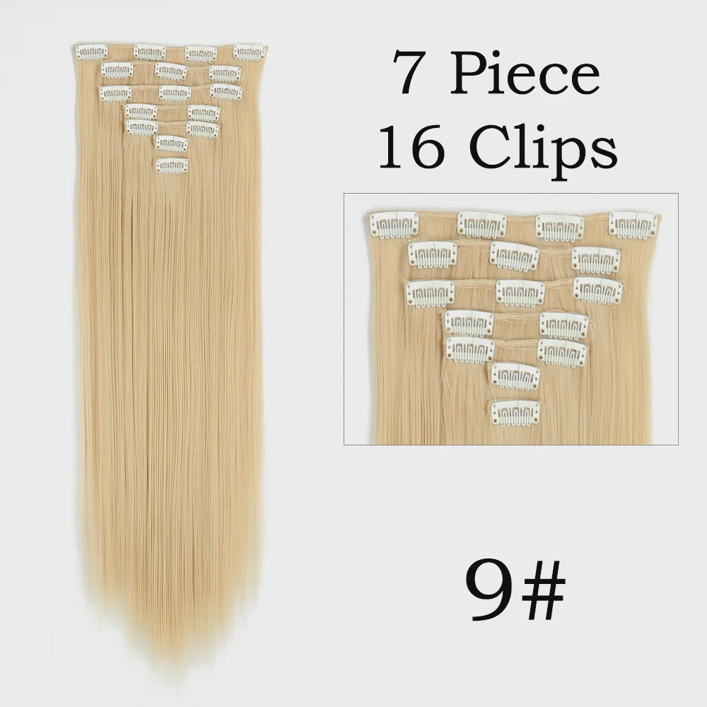 24 Inch Clip-in Haarverlenging - 7 Delig Set met 16 Clips - Synthetisch Recht Haar (Blond & Zwart)
