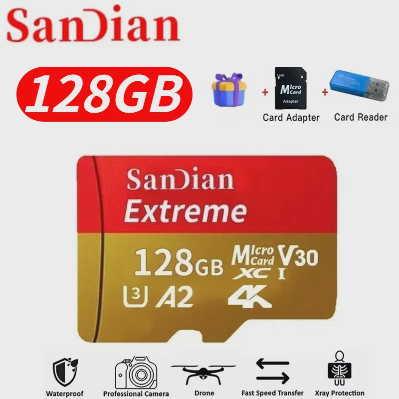 SanDian Extreme Micro SDXC Kaart - V30, Class 10, A2 - Hoge Capaciteit voor Telefoon, Camera, Drone