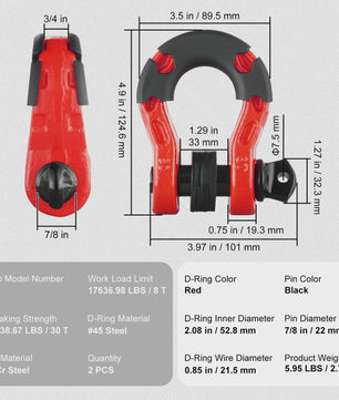 2x 3/4 Inch D-Ring Sluitingen met 7/8 Inch Pin voor Off-Road Voertuig Herstel