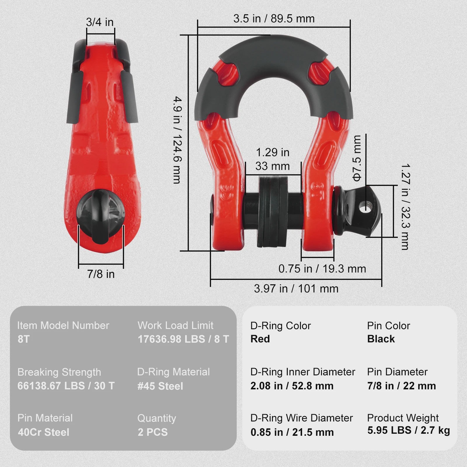 2x 3/4 Inch D-Ring Sluitingen met 7/8 Inch Pin voor Off-Road Voertuig Herstel